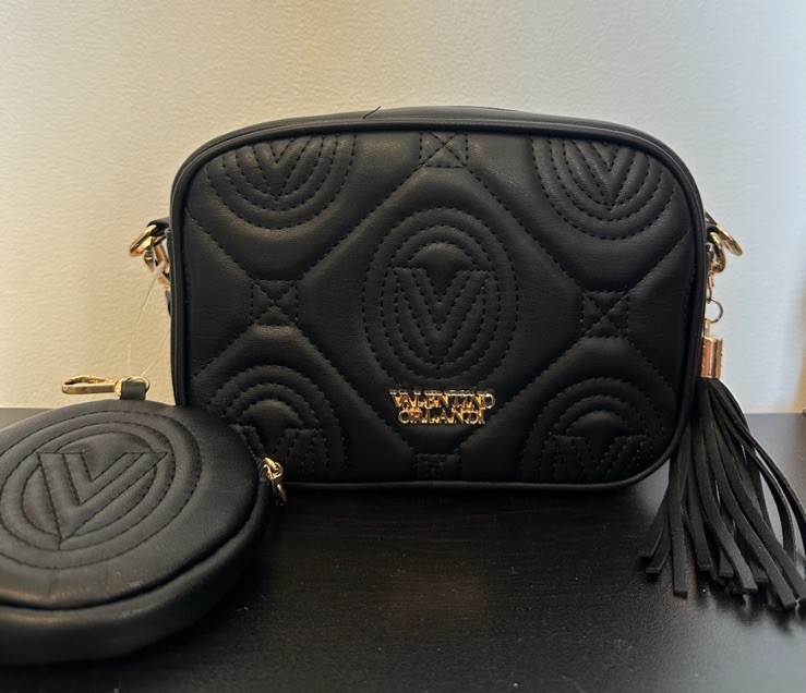 Valentino Orlandi Black Quilted Crossbody Bag Gold Hardware Tassel Coin Purse