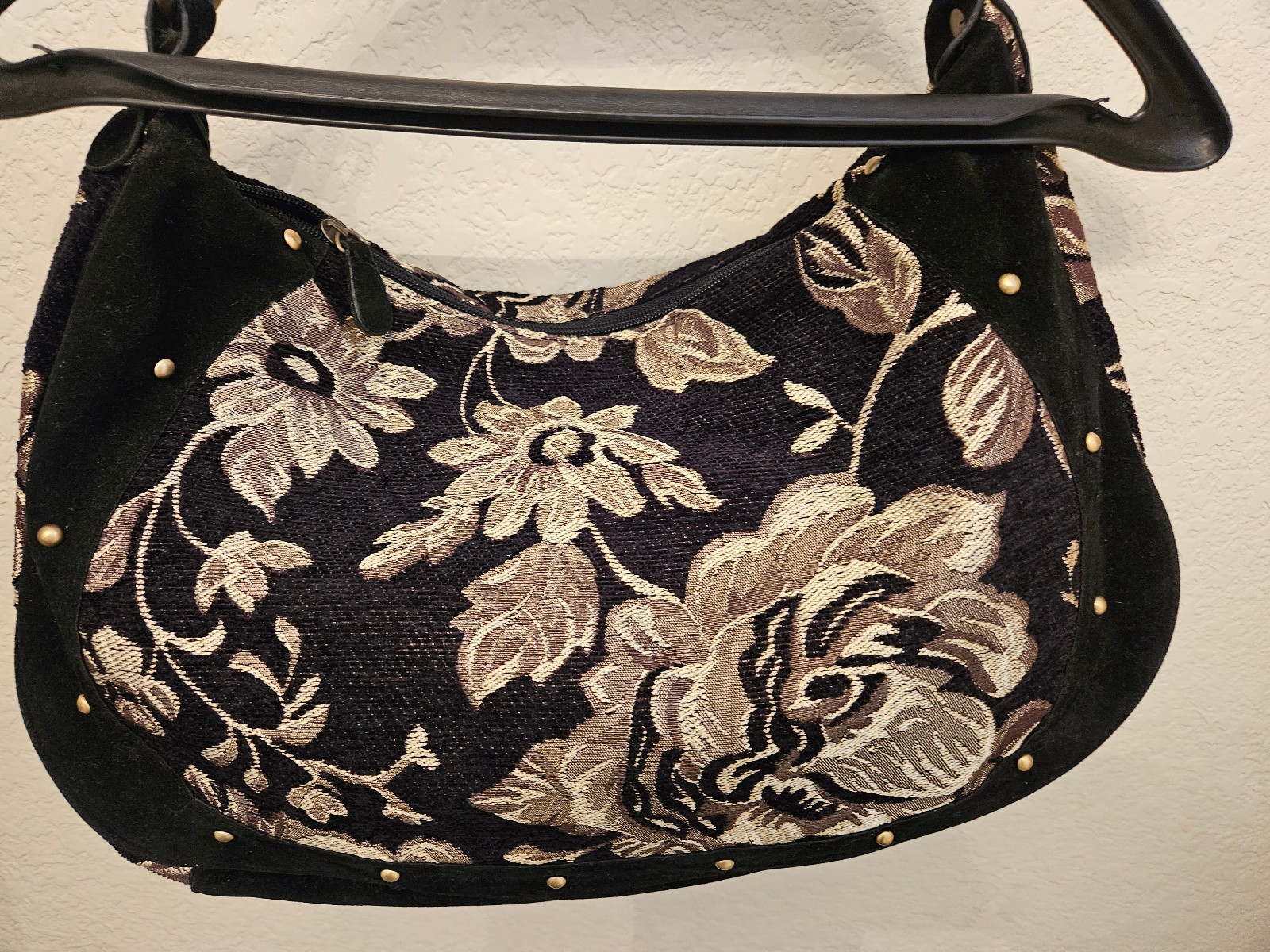 Talbots Style Short Shoulder Bag Purse Tapestry Black Velvet Gray Floral Rivets