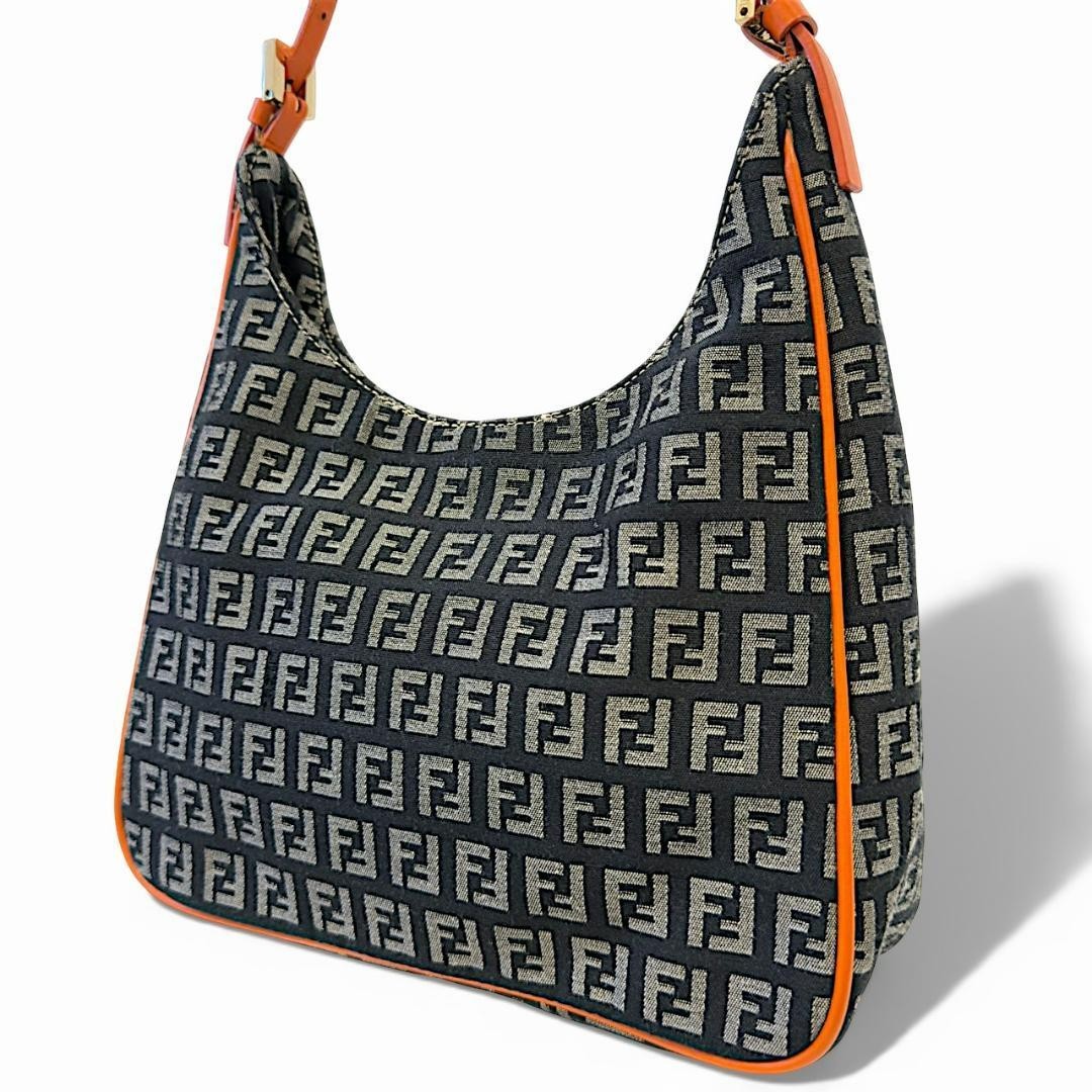 FENDI Zucchino FF Monogram Mini Hobo Shoulder Bag Navy Orange Leather Vintage