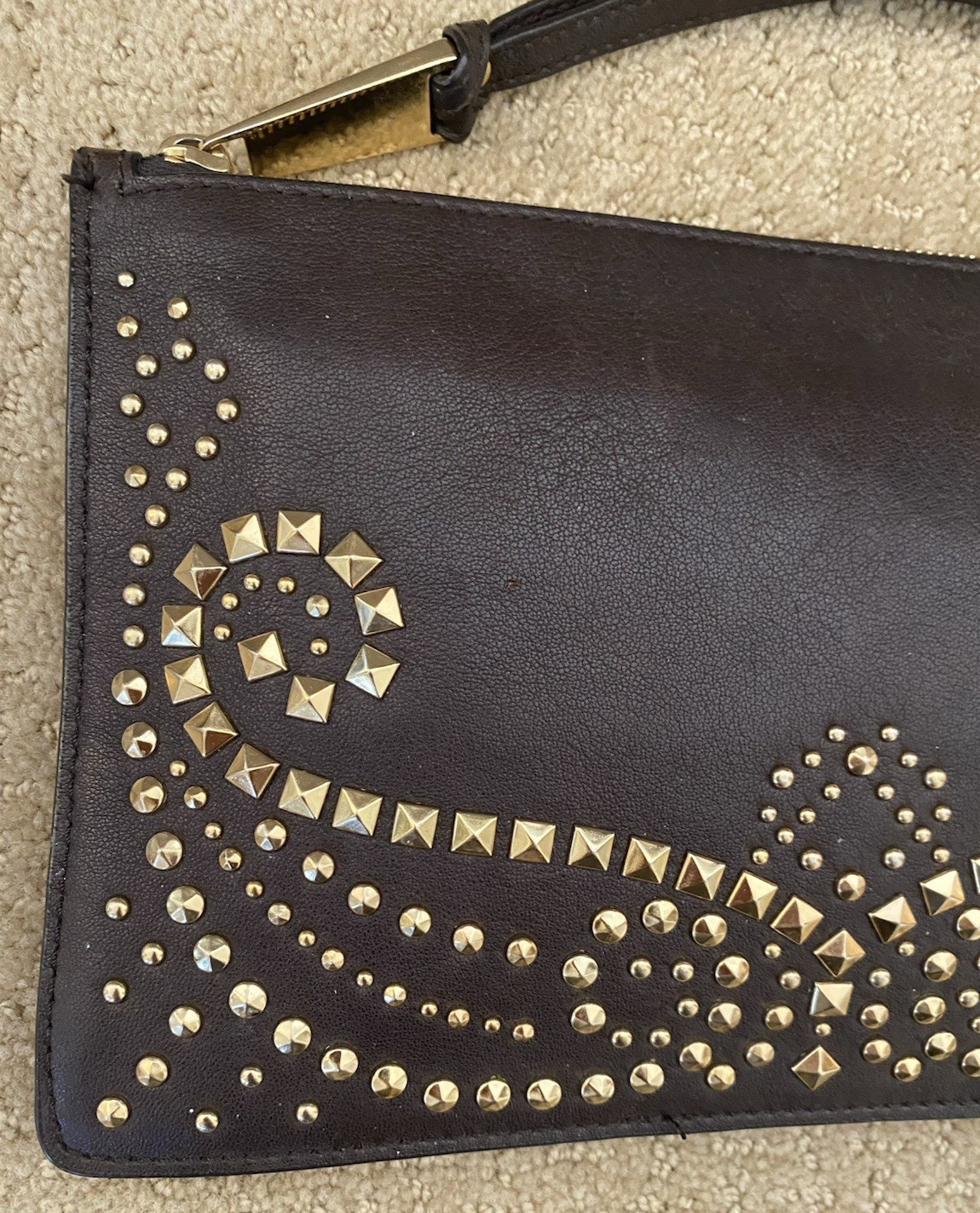 Michael Kors Rhea Wristlet Gold Studded Dark Brown Leather Logo Zipper