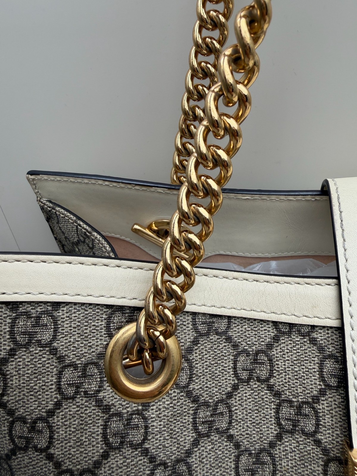 Gucci Padlock Medium Beige GG Monogram White Calfskin Shoulder Tote US Ship
