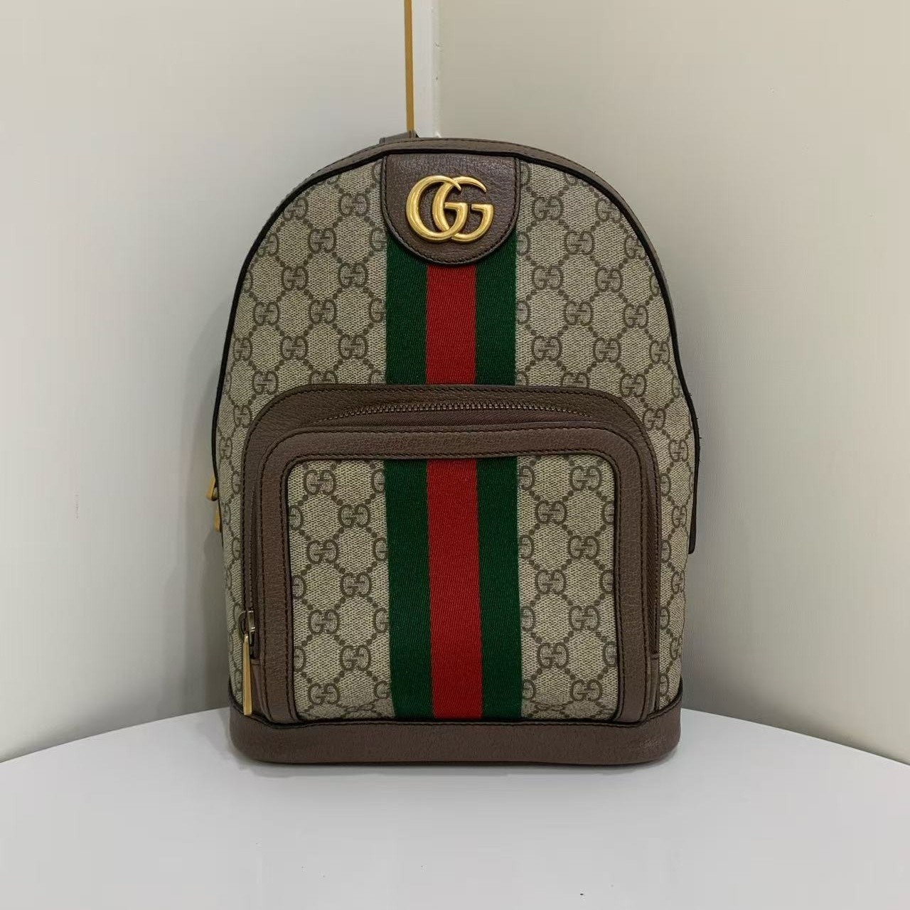 Gucci Ophidia Beige Brown GG Supreme Canvas Small Web Backpack