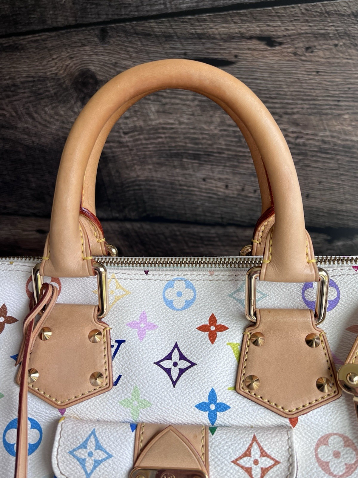 Louis Vuitton Takashi Murakami White Multicolor Speedy 30 Handbag Purse Tote EUC