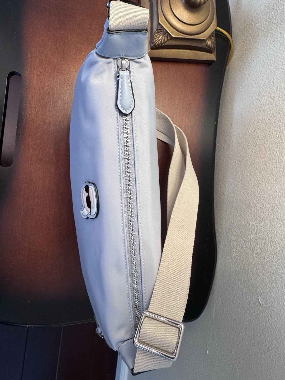 NWT KARL LAGERFELD light blue Crescent Shoulder Bag Zip Closure Choupette Pouch