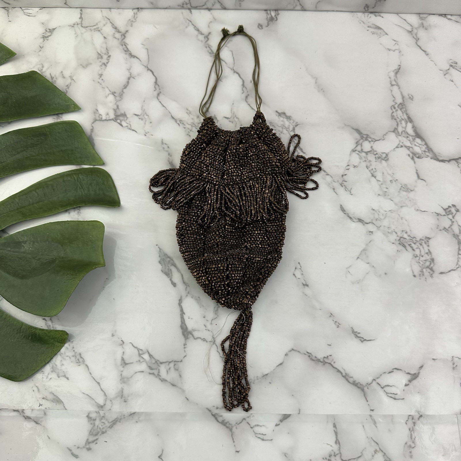 Vintage Beaded Clutch Purse Bag Brown Bronze Drawstring Tassel Fringe Pouch