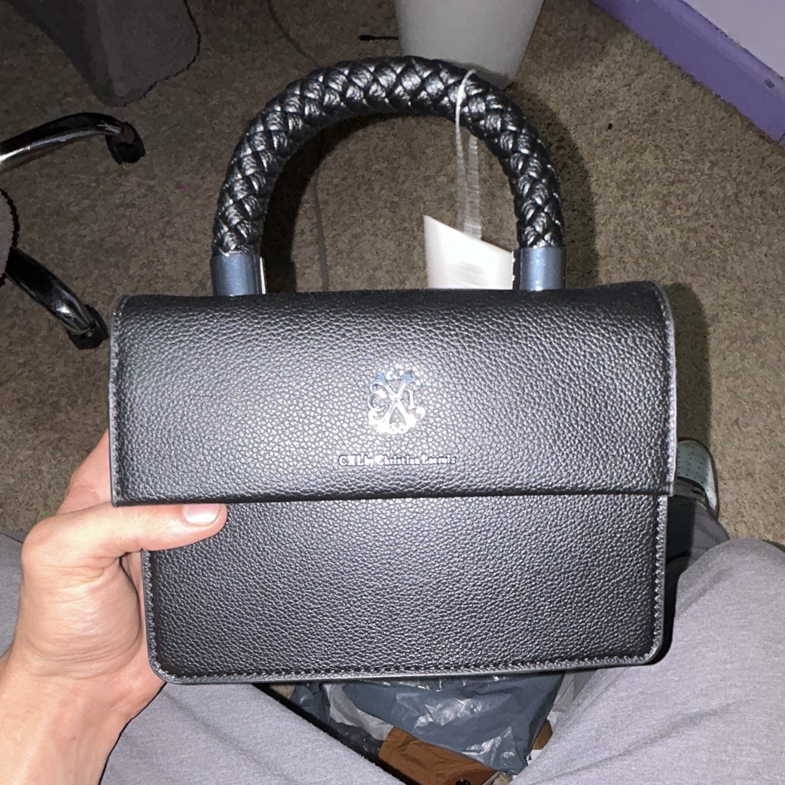 Christian Lacroix Black Pebbled Top Handle Satchel w/ Detachable Strap Magnetic