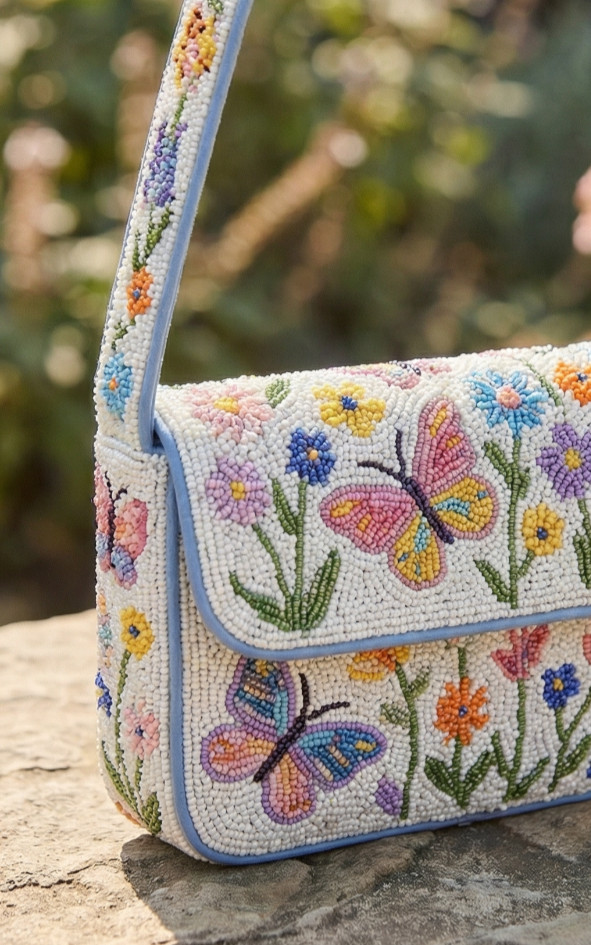 Handmade Beaded Butterfly Shoulder Bag Pastel Floral Summer Flap Handbag New