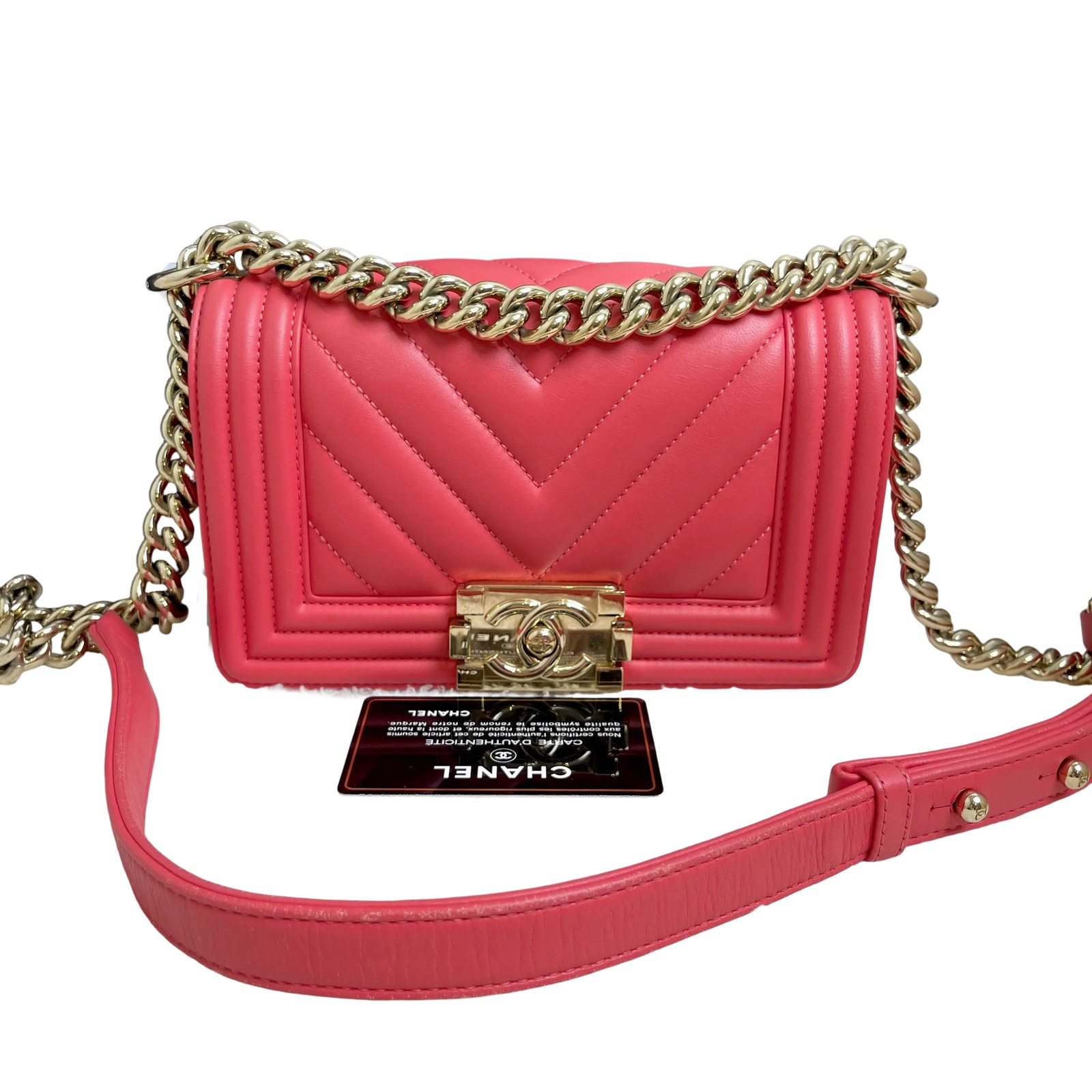 Chanel Le Boy Small Coral Pink Lambskin V-Stitch Bag Pre-Owned