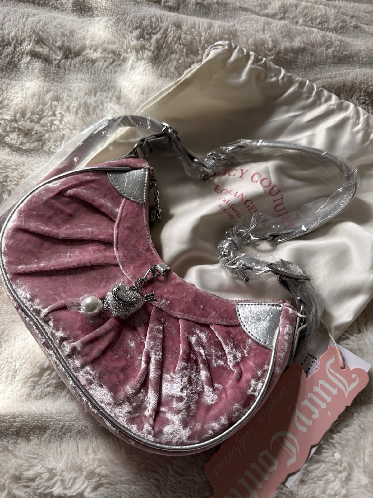 Royal Couture Dusty Pink Velvet Crescent Shoulder Bag w/ Silver Trim + Dust Bag