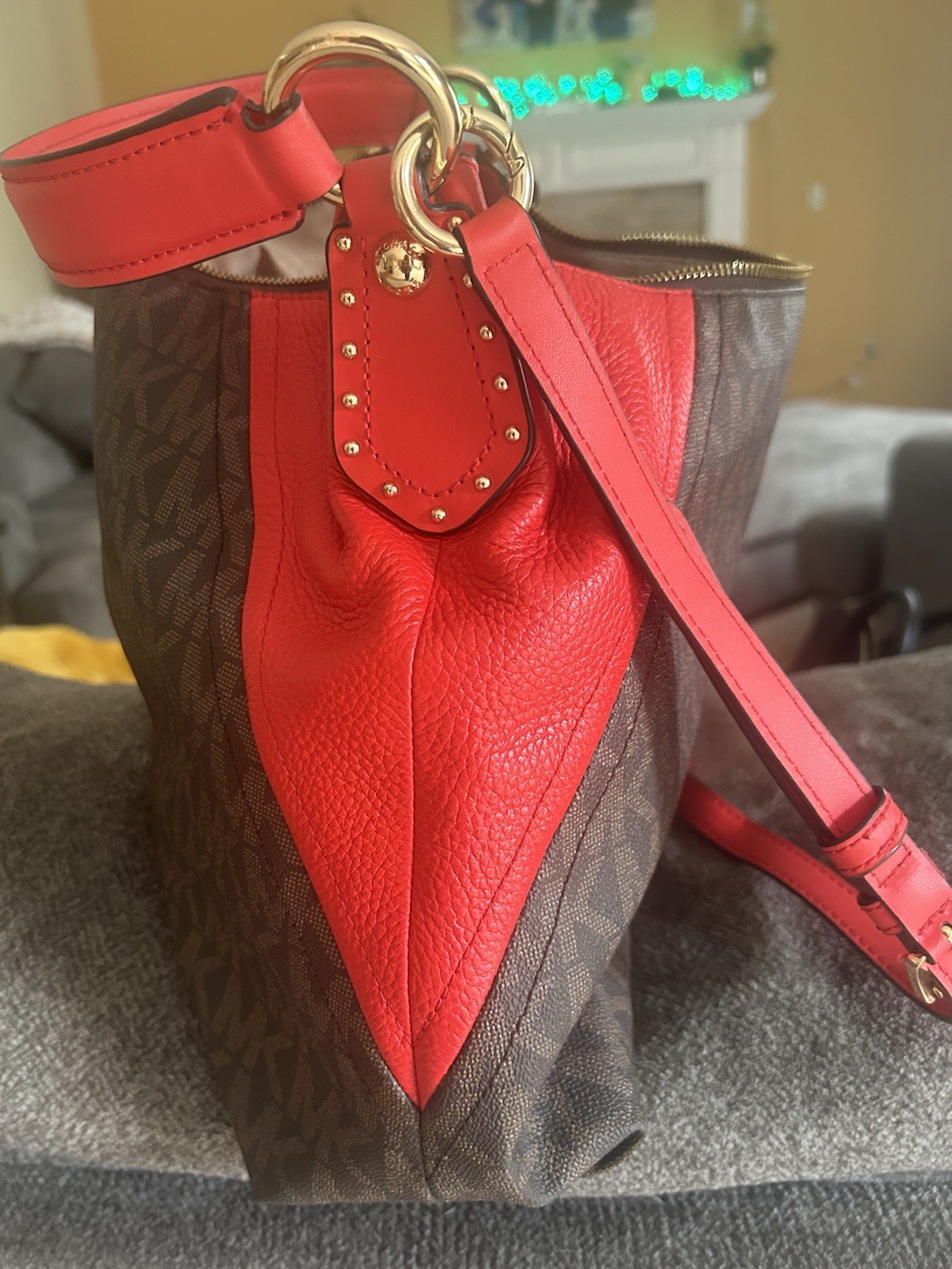 Michael Kors Monogram Shoulder Bag Brown/Red Zip Closure Red Strap Gold HW