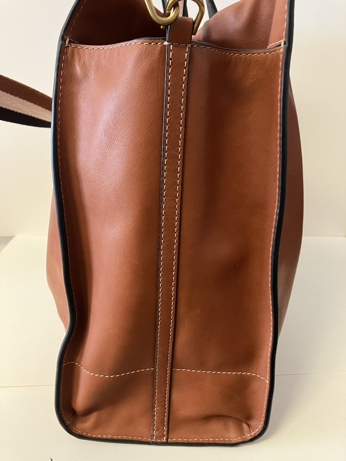Fossil Carmen Leather Shopper Tote Brown w/ Striped Crossbody Strap 15’’ x 13’’