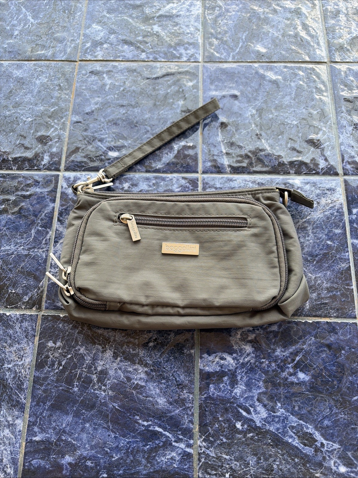Baggallini Triple Zip Nylon Wristlet/Pouch-Grey W/Silver Colored Hardware
