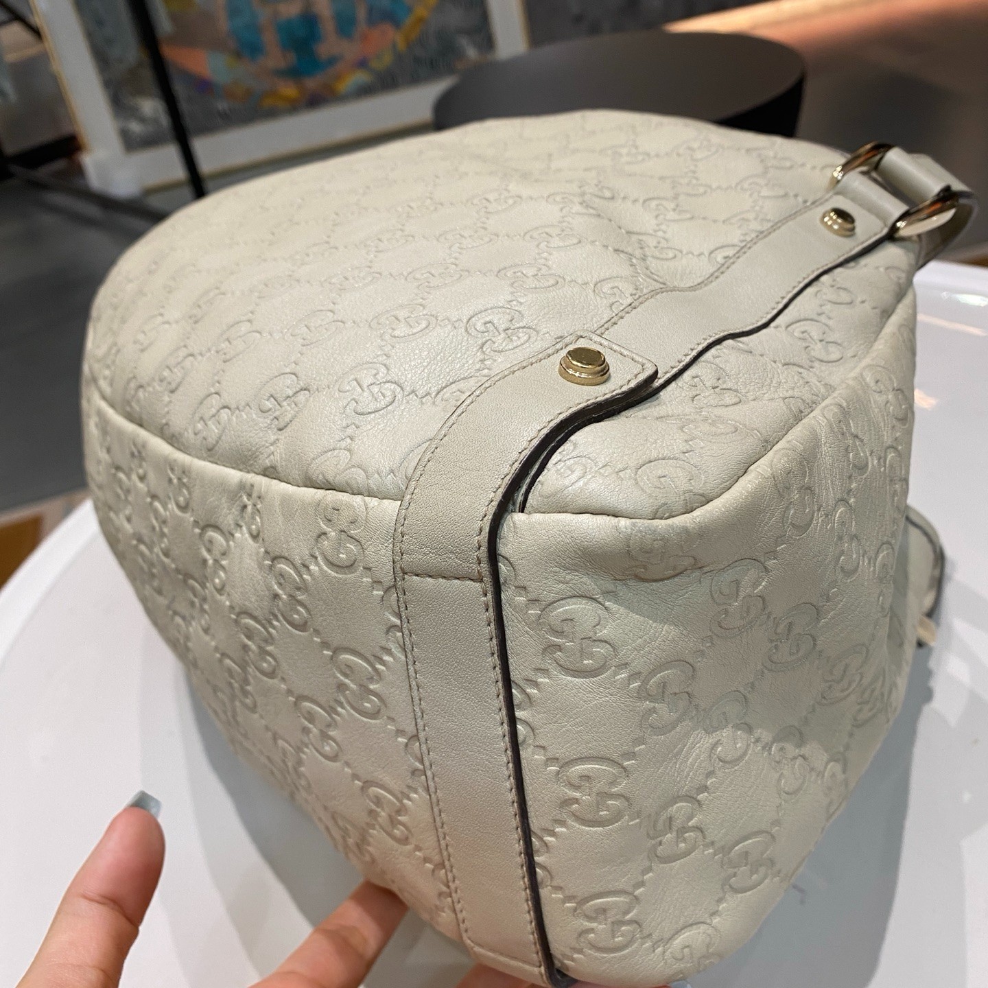 Preloved Gucci Full Leather Monogram GG Off-White Crescent Hobo Tote