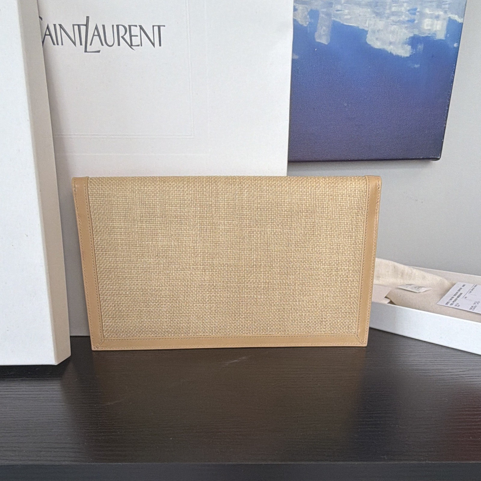 Saint Laurent YSL Medium Beige Clutch Gold Logo Magnetic Close Dust Bag Card