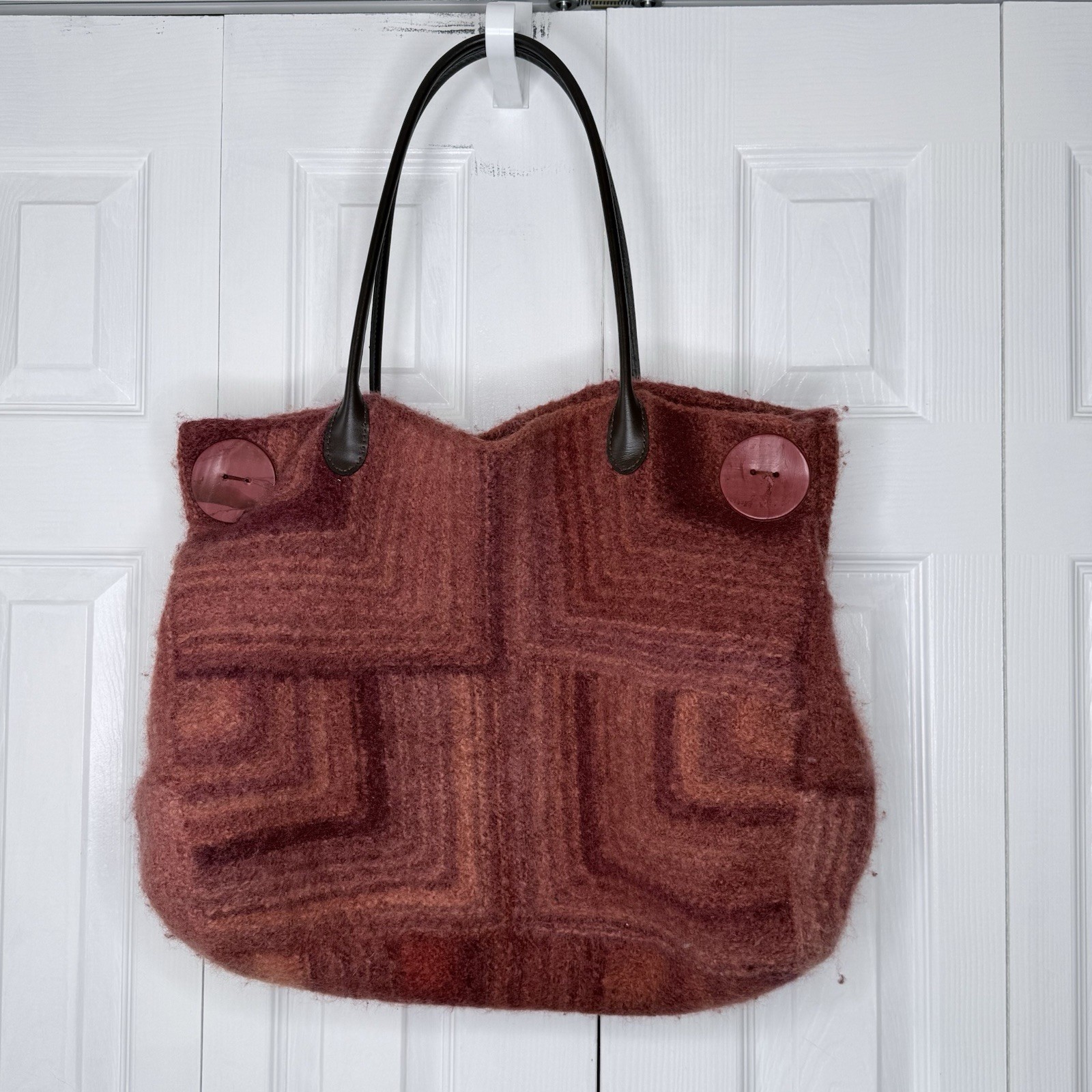 Handmade Wool Felt Tote Bag 21” Leather Handles Boho Artisan Large Button Purse