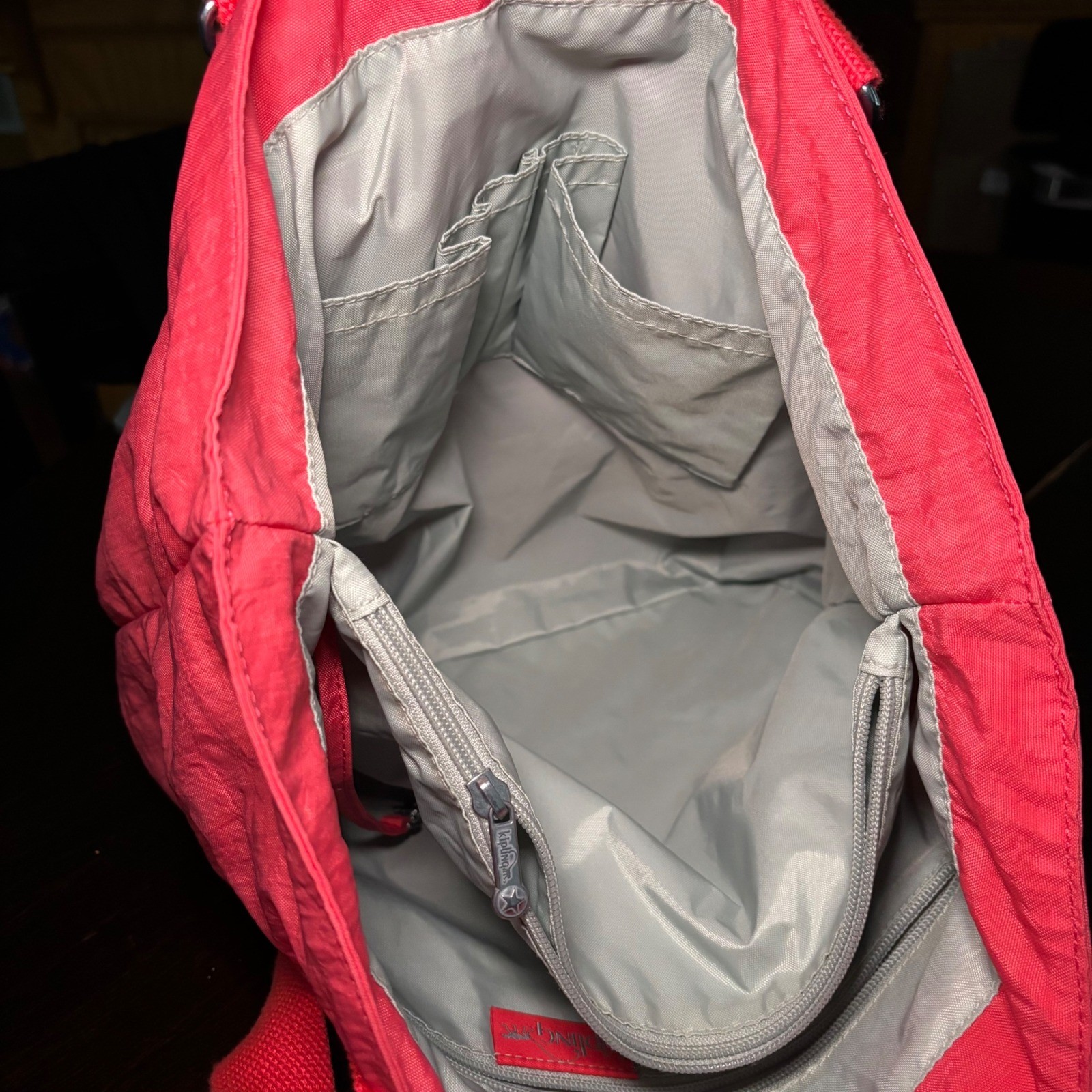 Kipling Kyoko Crinkle Nylon Tote Bag Coral Pink Monkey Keychain Lightweight