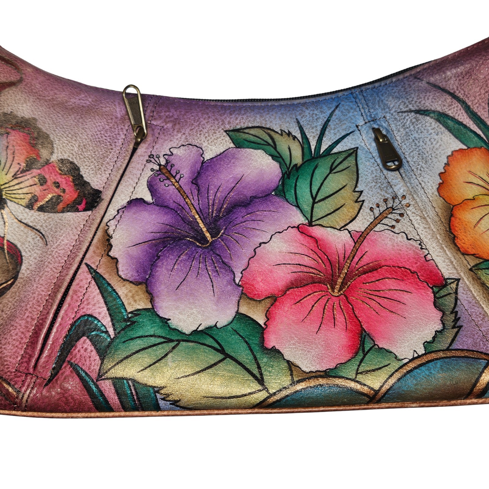 Anushka Hand Painted Leather Hobo Shoulder Bag Zip Pockets Floral Butterfly