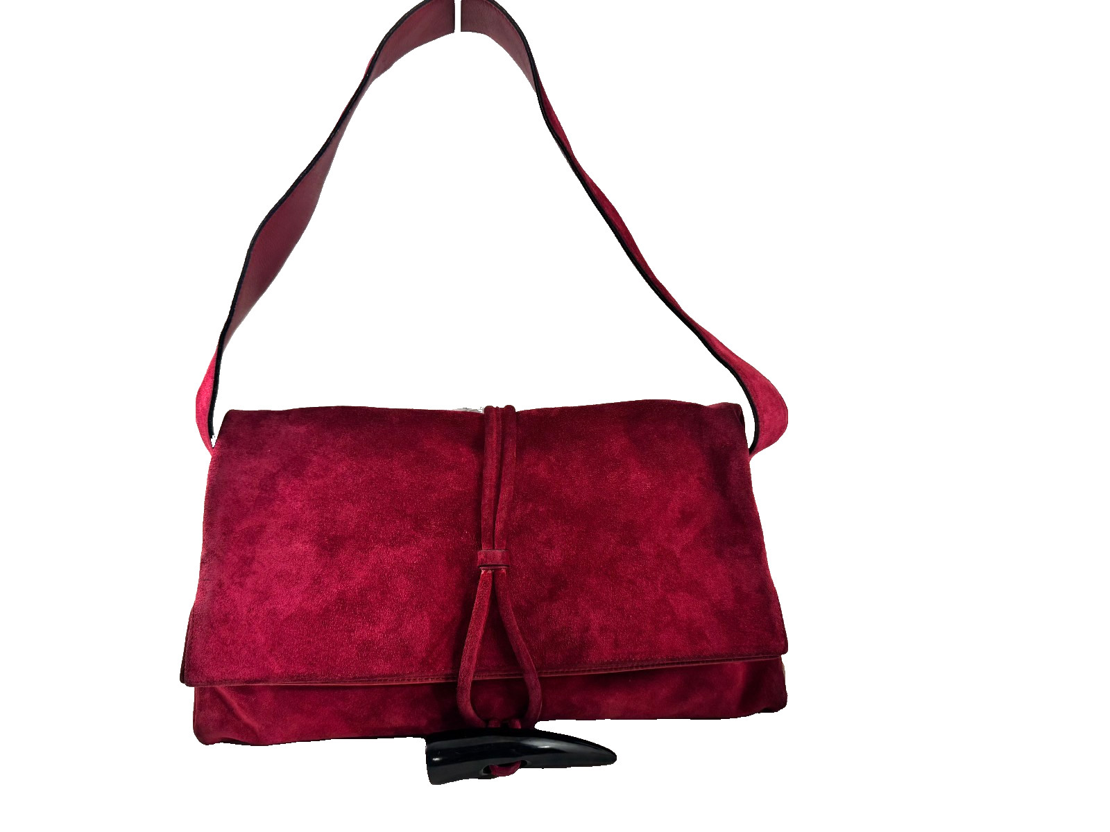 BURBERRY HAYMARKET SHOULDER BAG HANDBAG RED SUEDE LEATHER BLACK HORN TOGGLE NICE