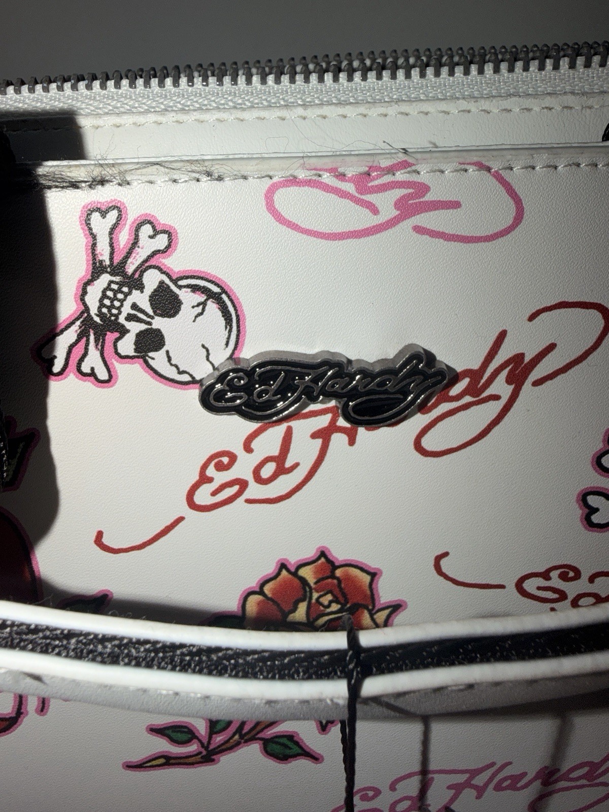 Ed Hardy White Skull Rose Logo Print Satchel Top Handle Crossbody Zip Bag