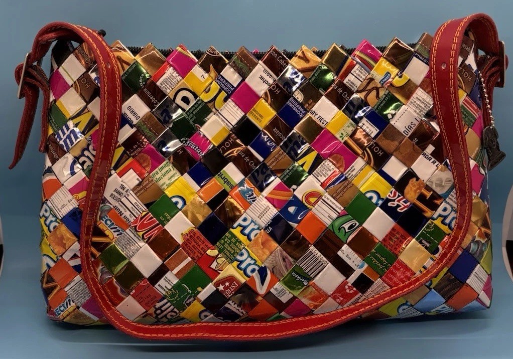 Nahui Ollin Purse w/ Strap Candy Gum Wrappers 12x7x2” Shoulder Strap 12” Drop