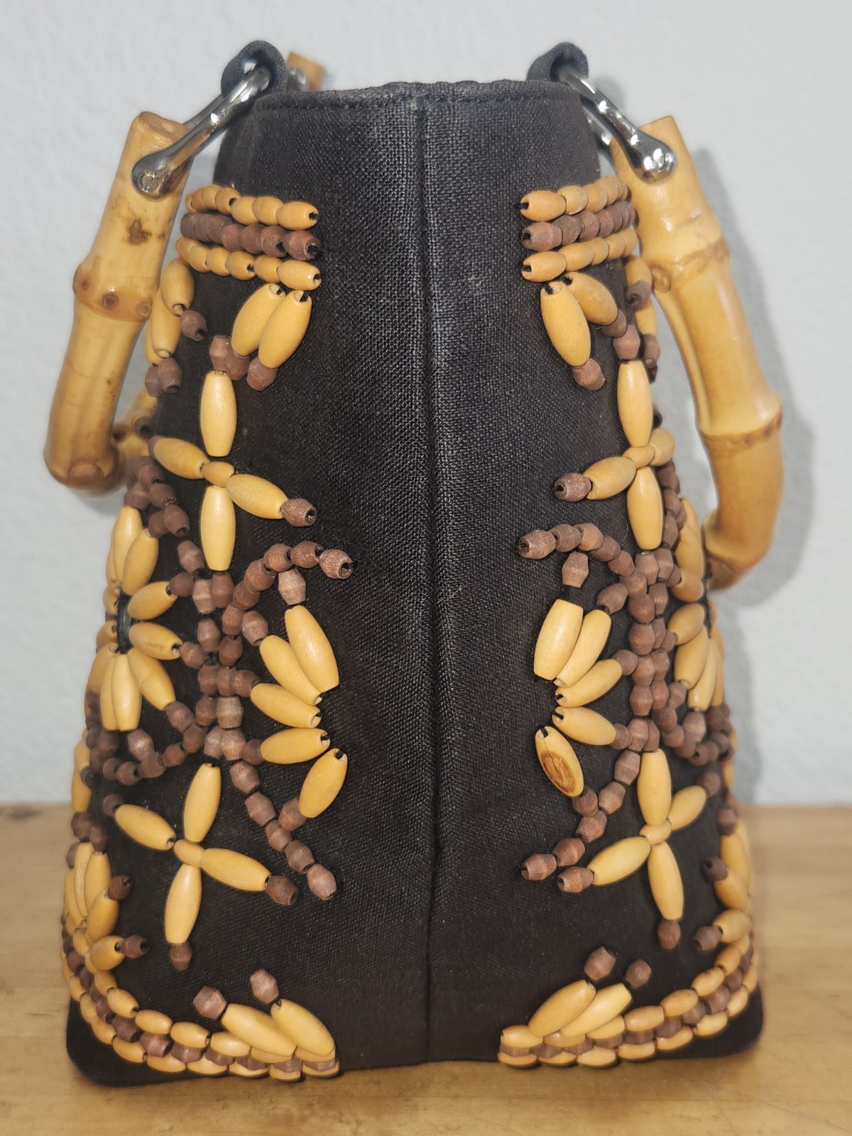 Talbots Wooden Beaded Tote Bag Boho Wood Bead Handbag Purse Shoulder Bag