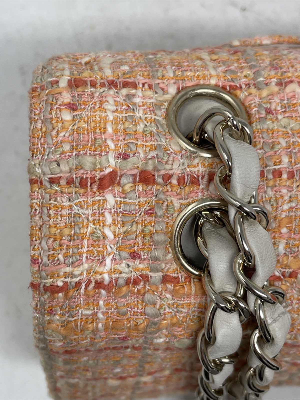 Authentic Chanel 2005 10-Series Peach Tweed Medium Classic Double Flap Bag (197)
