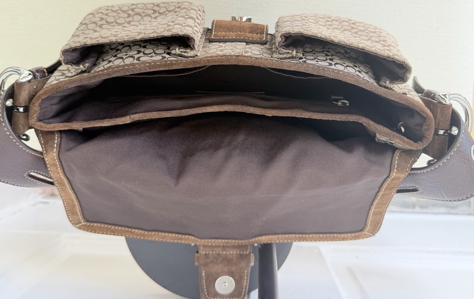 Coach Soho Signature Monogram Beige/Brown Small Shoulder Bag Buckle, Strap