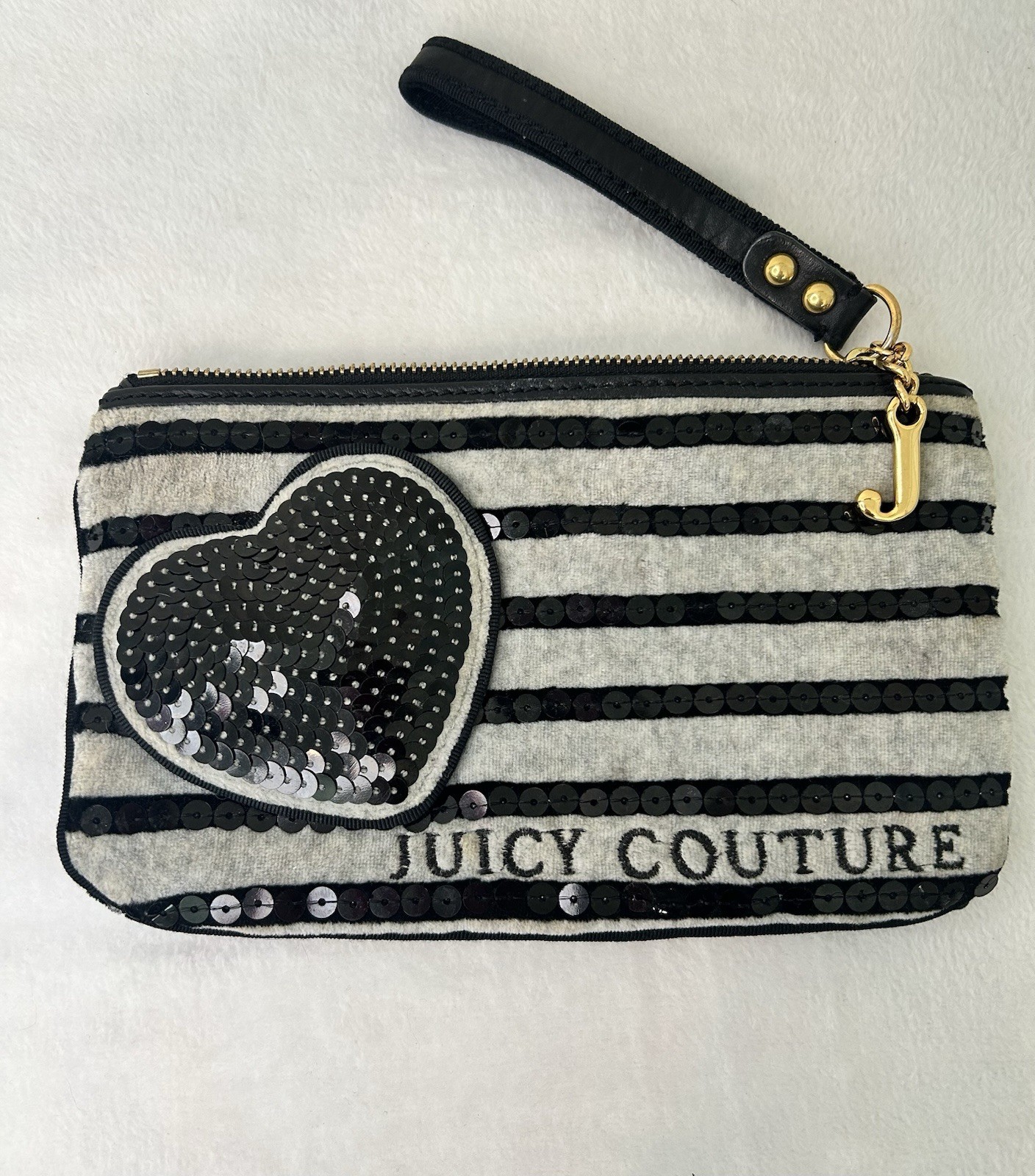 Juicy Couture Vintage Wristlet Black and Gray Stripes with Sequins Zip Closure