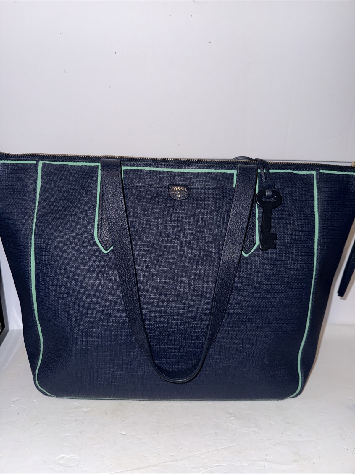 Fossil Sydney Tote Navy With Lt Green Piping Zip 11”