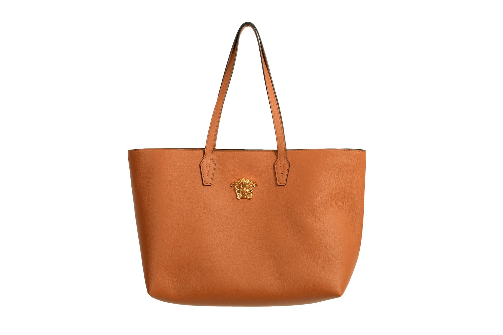 Versace Women’s Cognac Grainy Leather Gold Medusa Tote Handbag Shoulder Bag