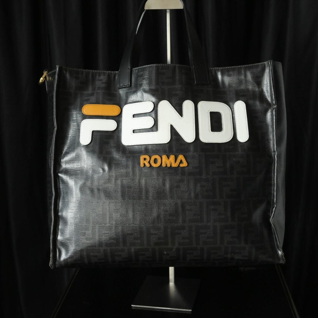 Fendi Fila Mania Zucca Tote Bag Black FF Logo A4 Travel 8BH357 Auth