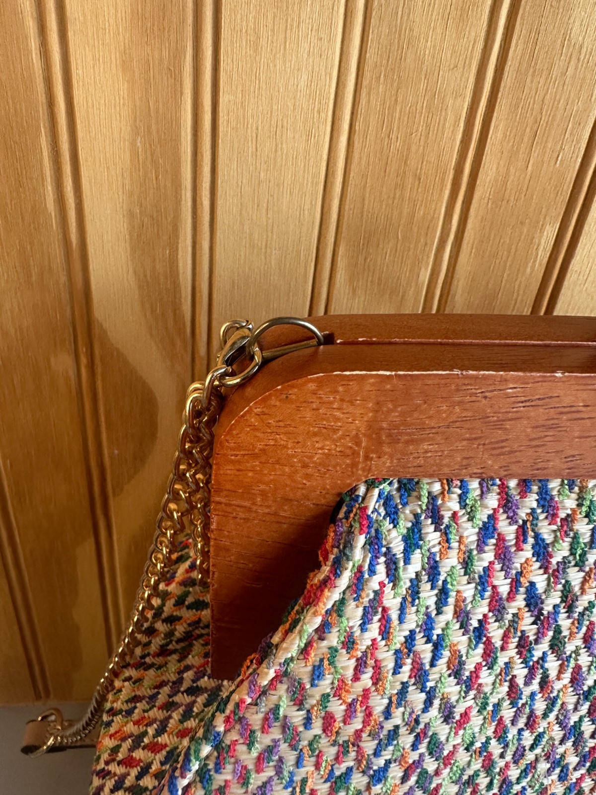 Mezon Wooden Knob Magnetic Closure Frame Woven Fabric Boho Retro Shoulder Bag
