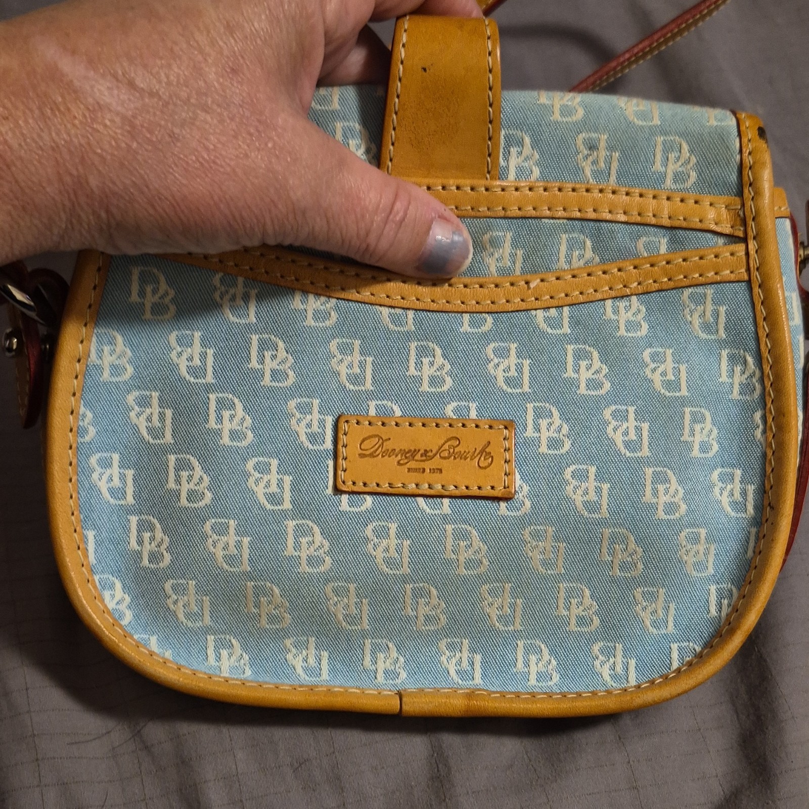 Vintage Dooney & Bourke Light Blue Denim DB Monogram Canvas Saddle Crossbody Bag