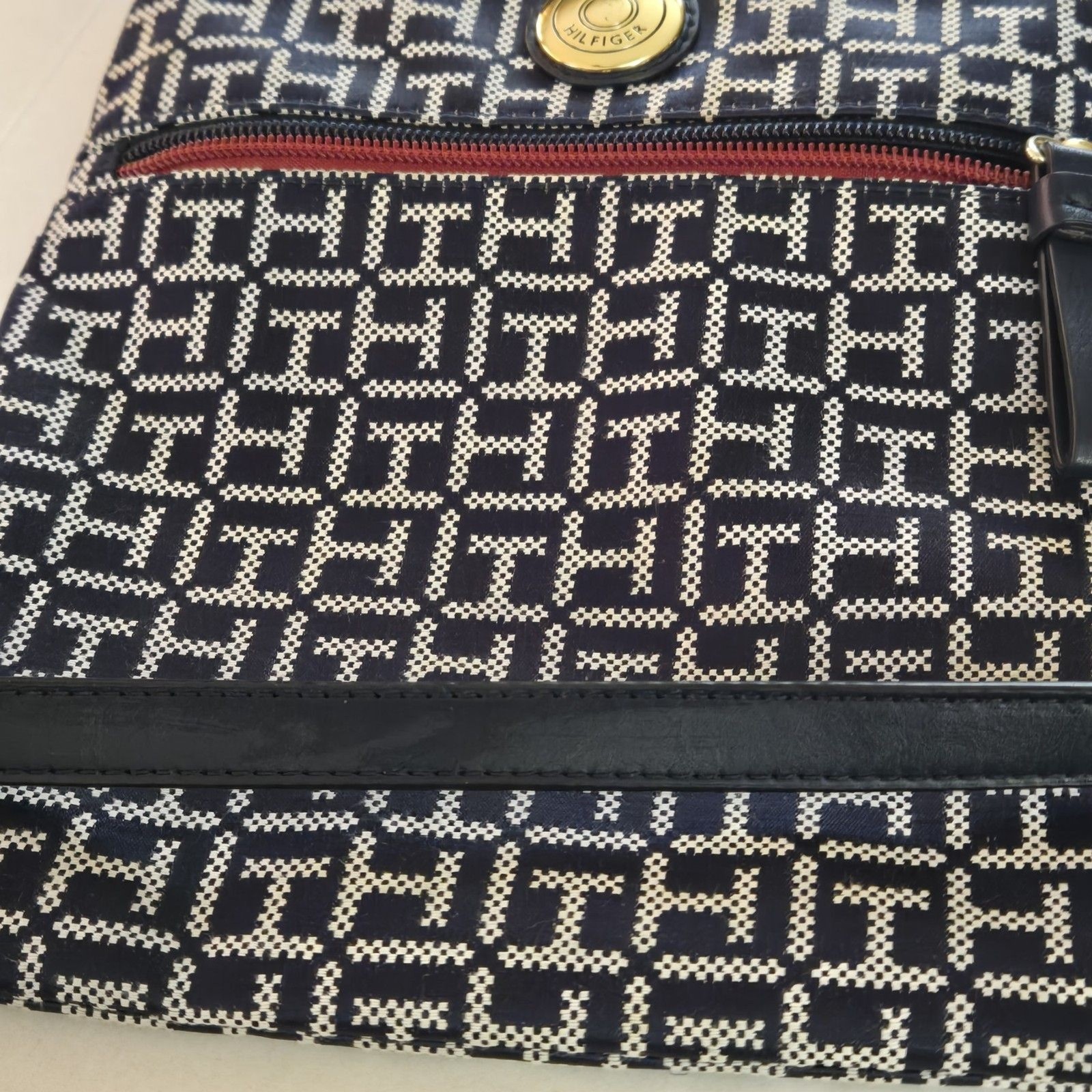 Tommy Hilfiger Crossbody Bag Monogram Black/Tan W/Red Accents Gold Logo Button