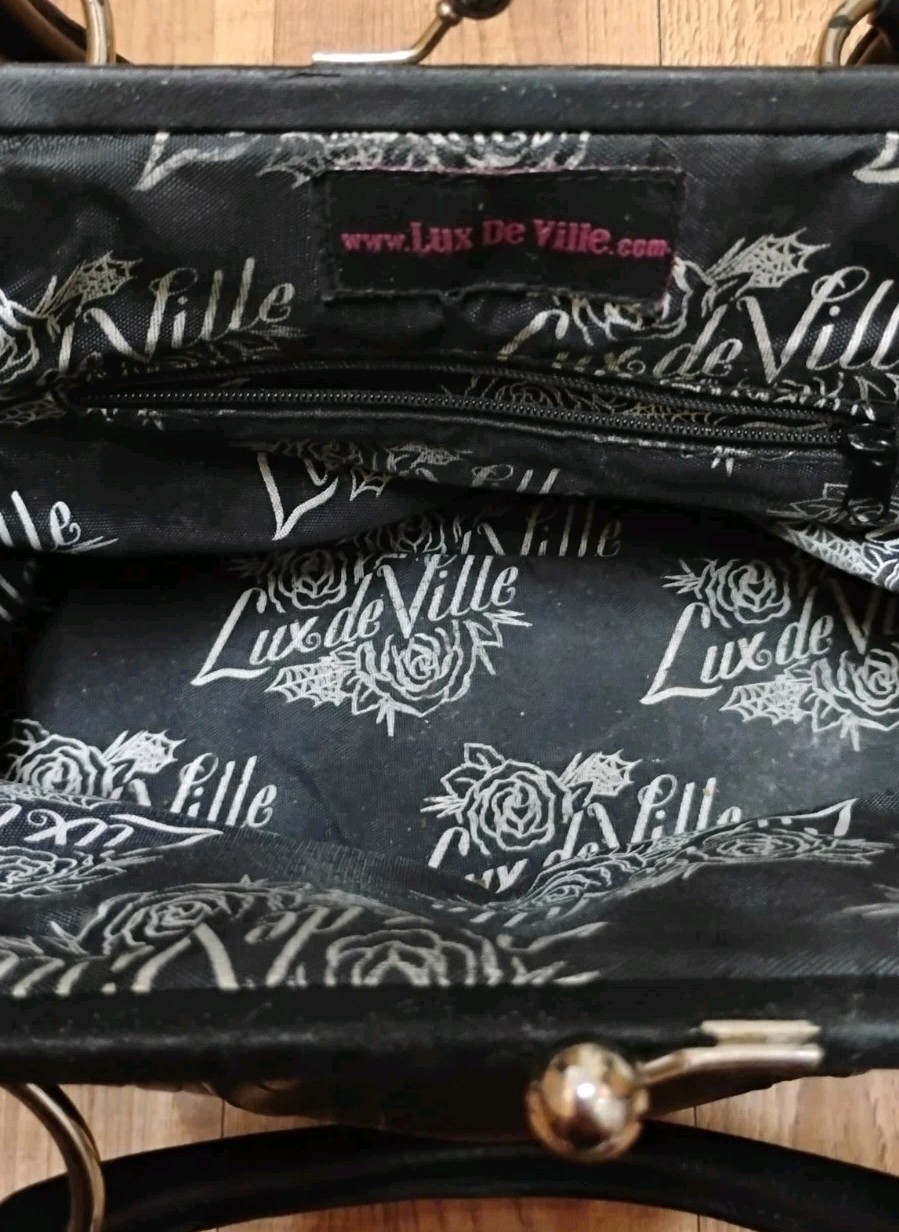Lux De Ville Black Soft Leather Embossed Skulls Clutch Style Purse Rare