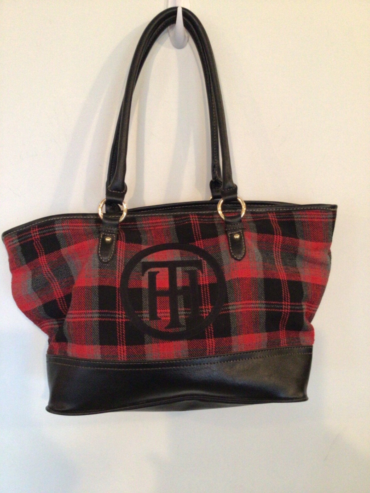 Tommy Hilfiger Red Plaid Fabric & Faux Leather Shoulder Bag Satchel Purse Pocket