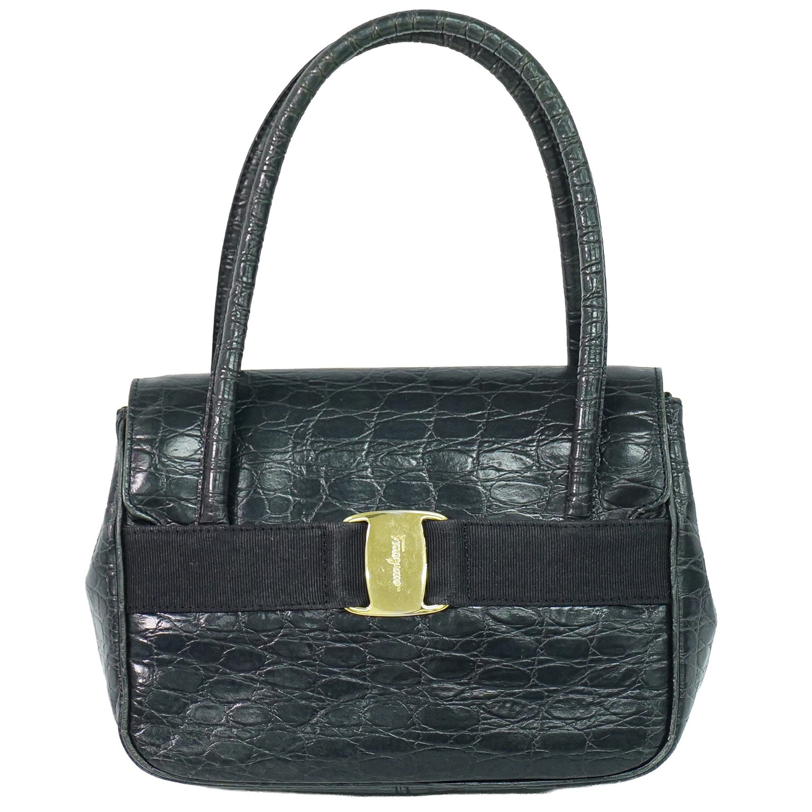 Salvatore Ferragamo Vara Bow Embossed Leather Handbag Navy Gold