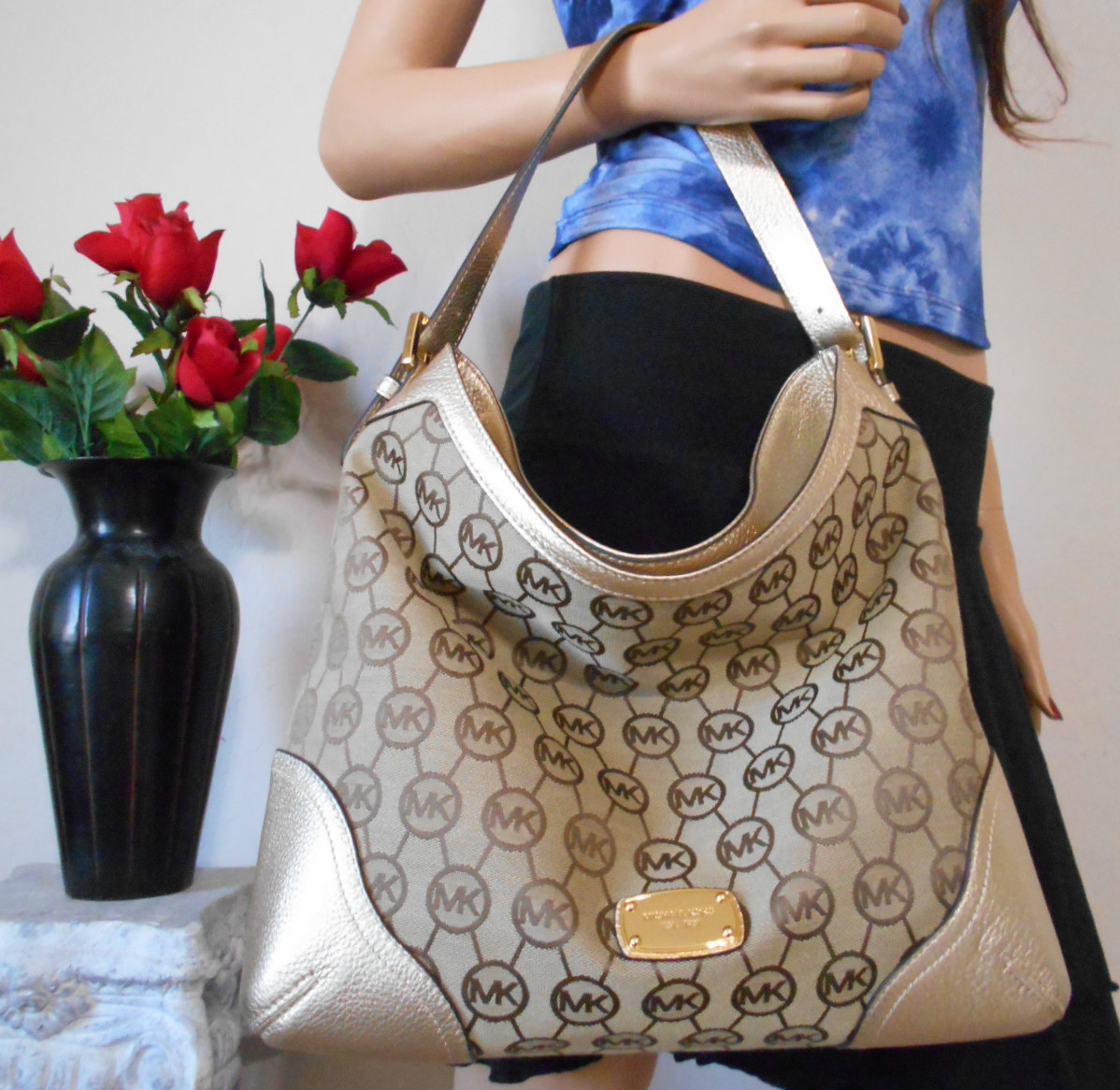 MICHAEL KORS KHAKI BROWN SIGNATURE METALLIC LEATHER HOBO SHOULDER HAND BAG TOTE