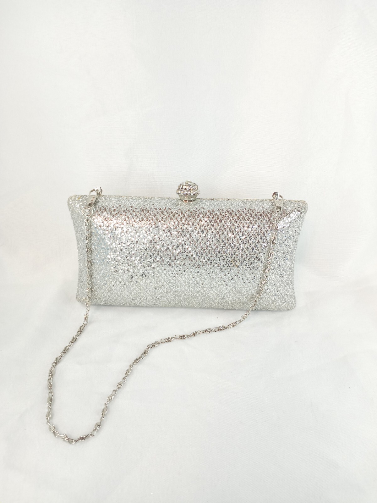 JNB Silver Clutch With Rhinestone Clasp Silver Detachable Chain Made In China