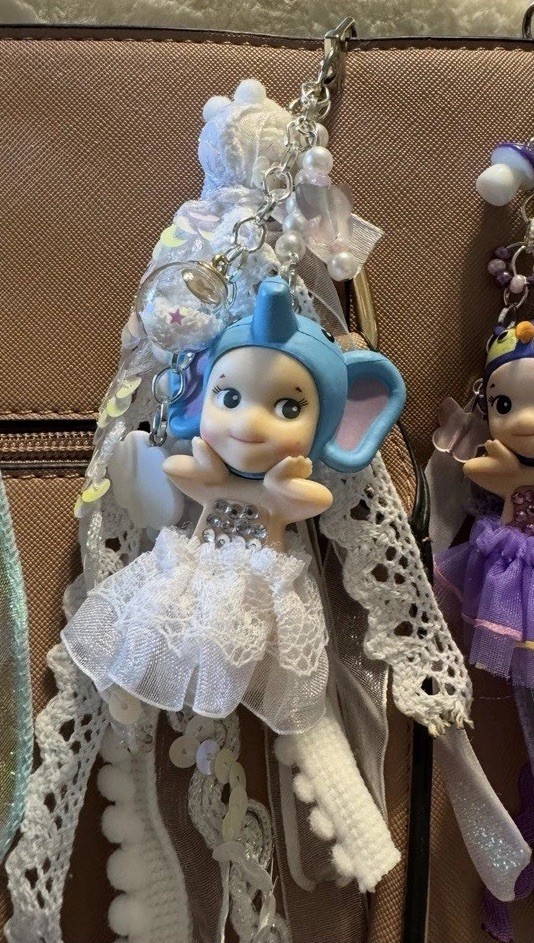 New. Custom Made Faux Sonny Angel Bag Charm – Blue Elephant Doll Lace & Ribbon