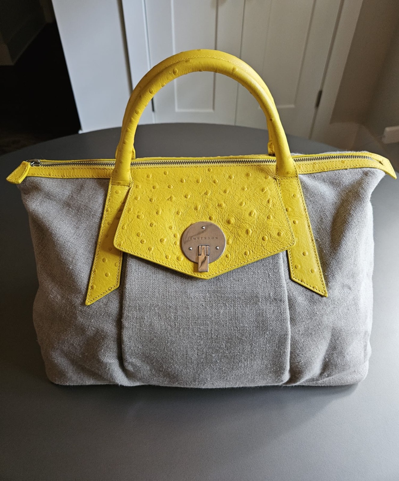 Smythson of Bond Street; Classic Top Handle Purse with Yellow Ostrich Accents