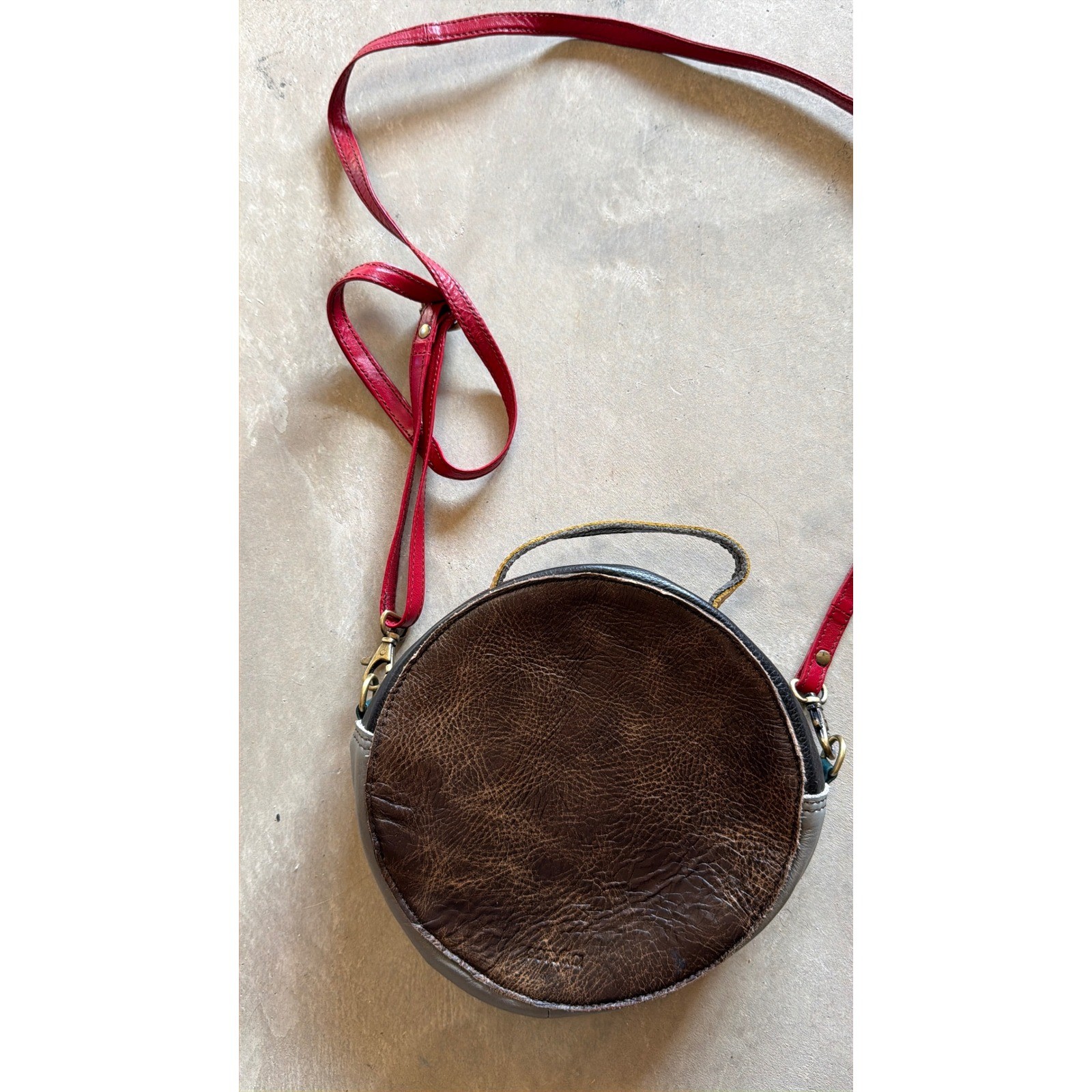Soruka Crossbody Purse Recycled Leather Round Leopard Hair Hide Patchwork Multi
