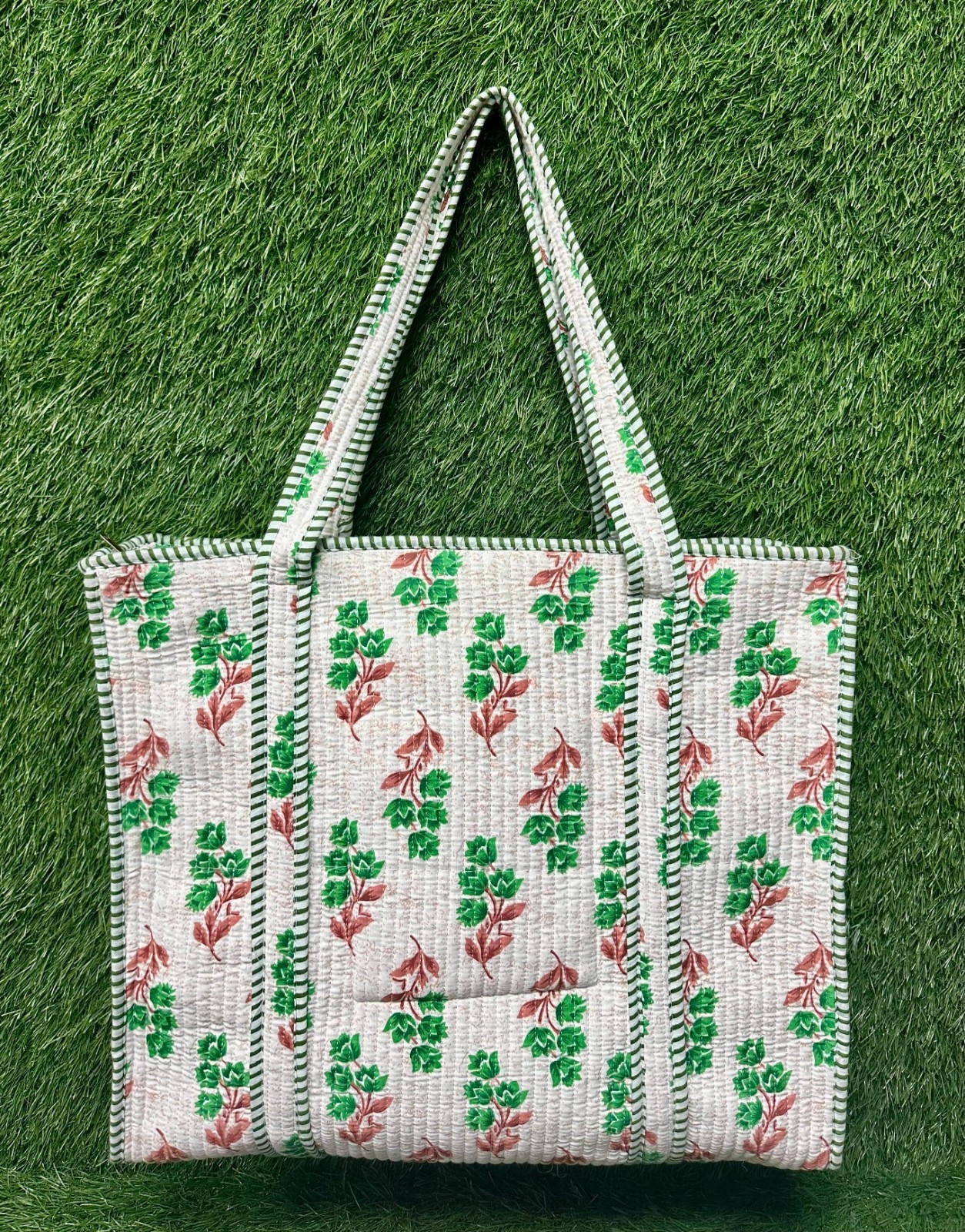 White Floral Quilted Tote Bag Indian Hand Block Print Handbag Woman’s Market Bag