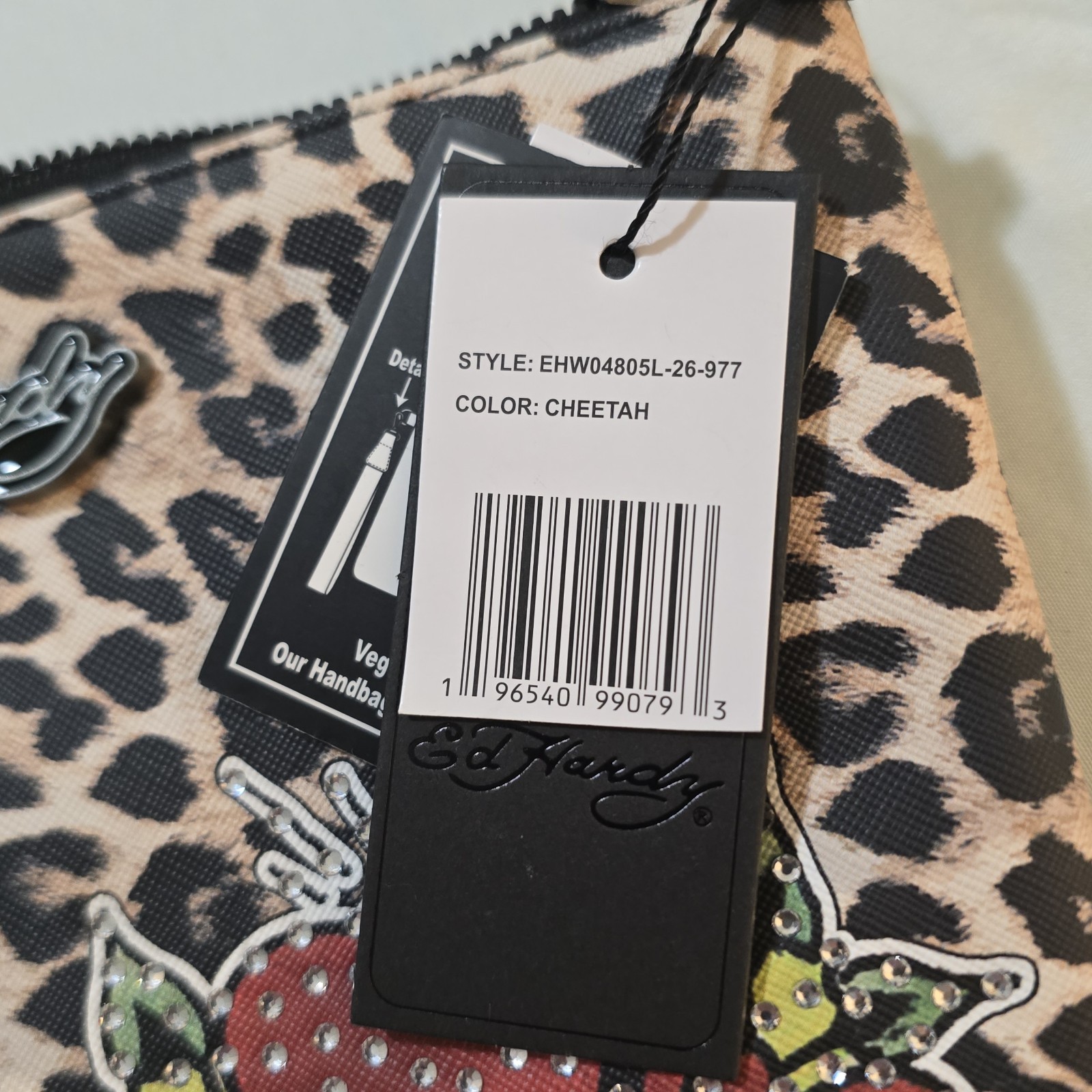 Ed Hardy Cheetah Leopard Print Love Hearts Rhinestone Wristlet Triple Hearts New