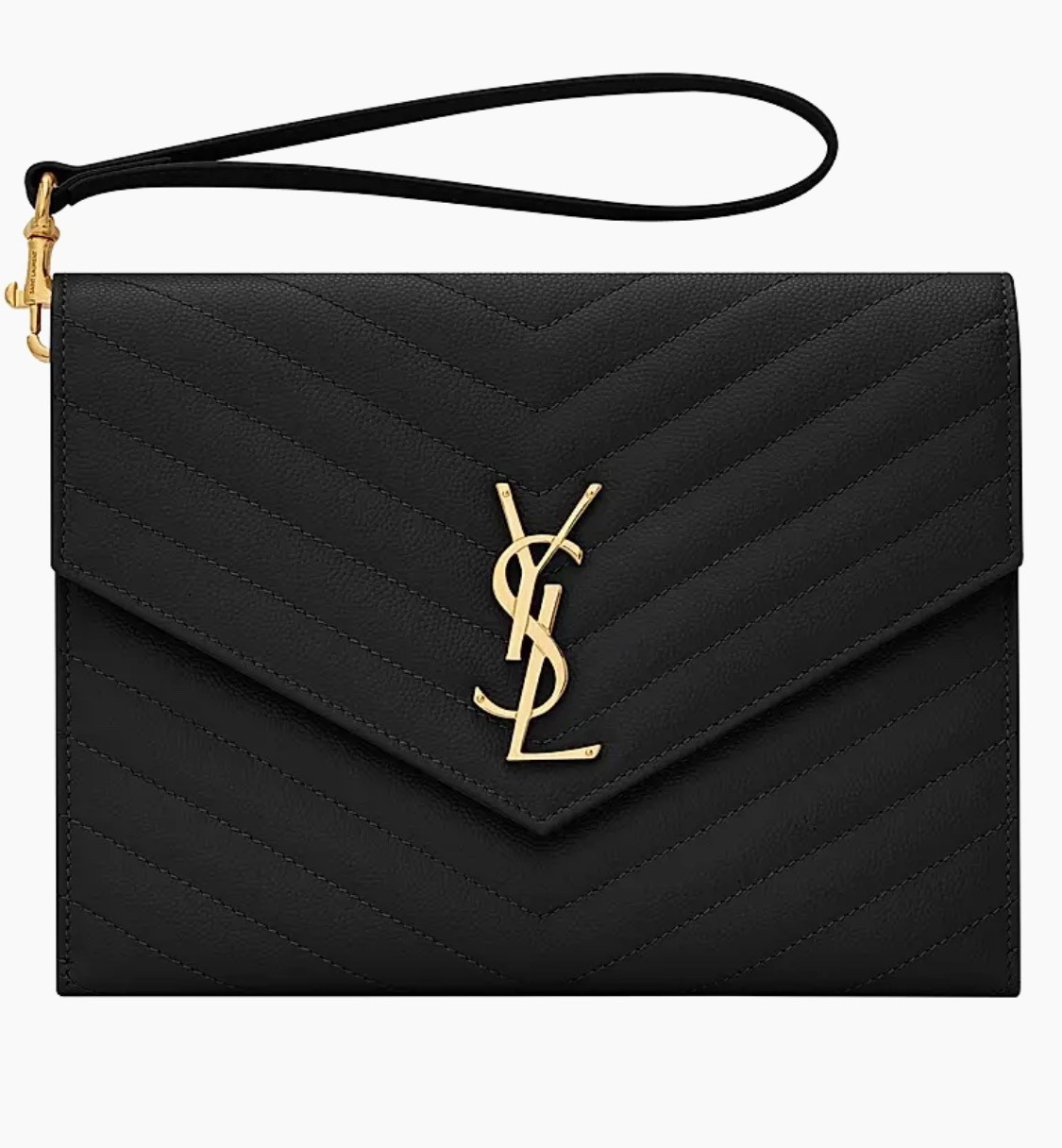 YSL Saint Laurent Cassandre Matelasse Wristlet Flap Pouch Clutch Black Leather.