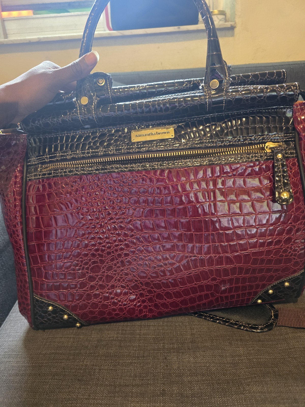 Samantha Brown Crocodile Embossed Burgundy and Black Dowel Travel Bag