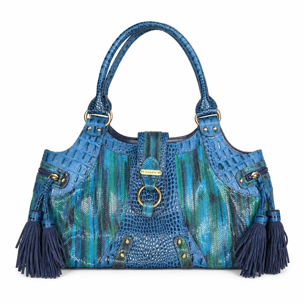 Sharif Leather Shoulder Bag Tassel Boho Blue Textured Purse Gator Coachella