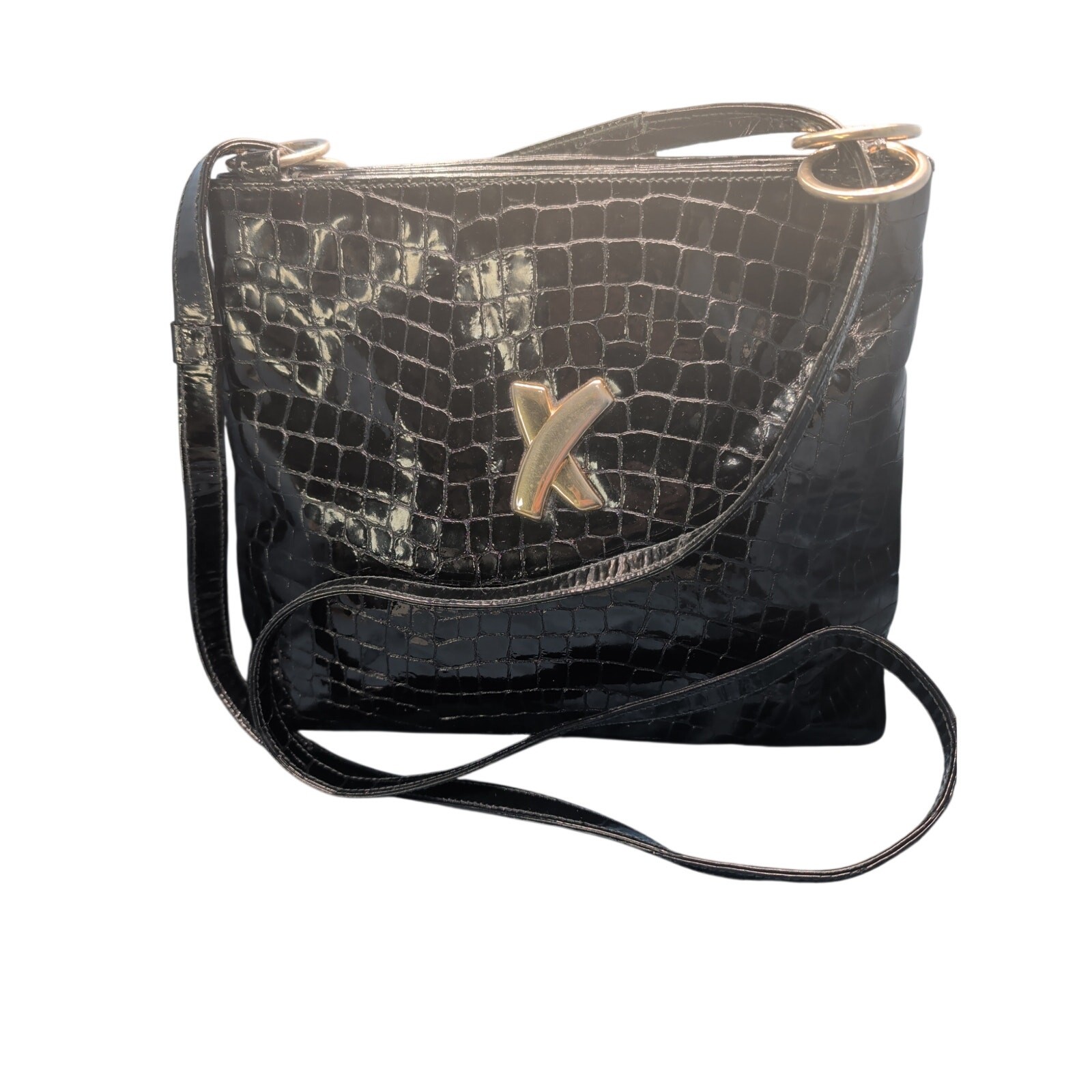 Paloma Picasso Black Embossed Alligator-Style Patent Leather Shoulder Bag