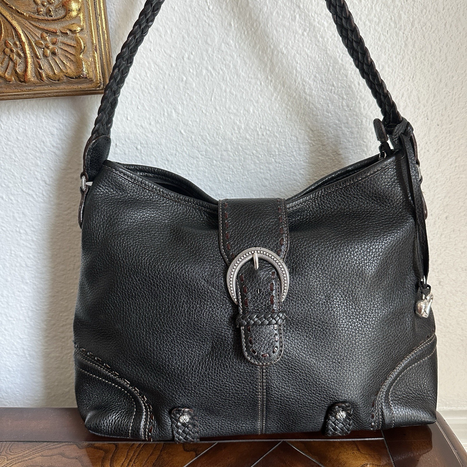 VTG Brighton Leather Handbag Purse 11×14 Inch Black Woven Handle Buckle Accent