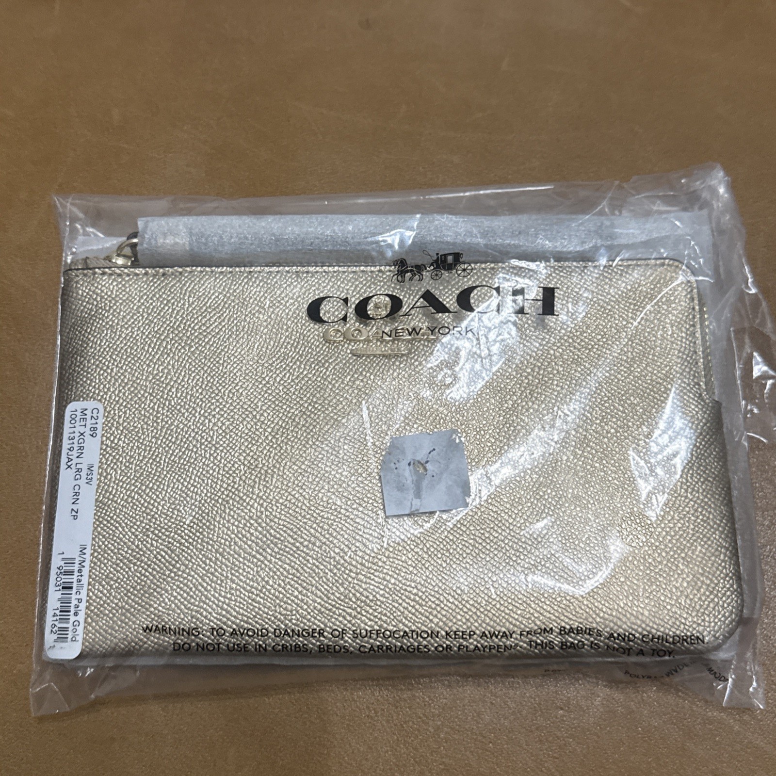 NWT COACH Corner Zip Wristlet Metallic Pale Gold Large Corner Zip